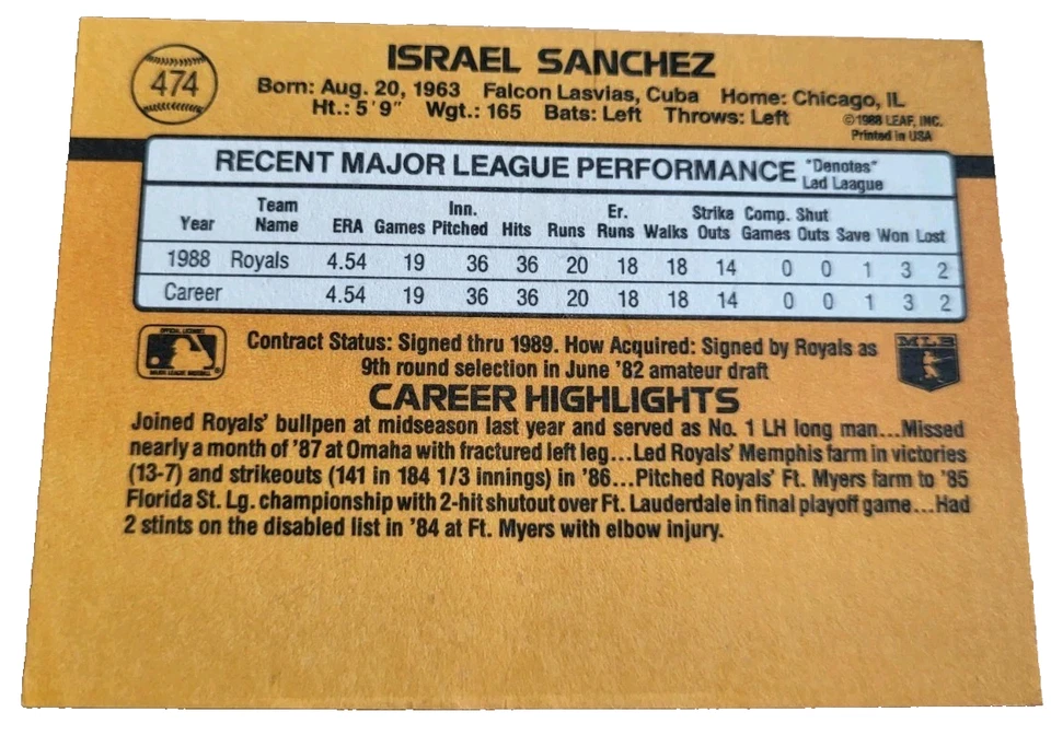 1989 Donruss #474 Israel Sanchez Kansas City Royals MLB Baseball Card (K6 - Image 2 of 2
