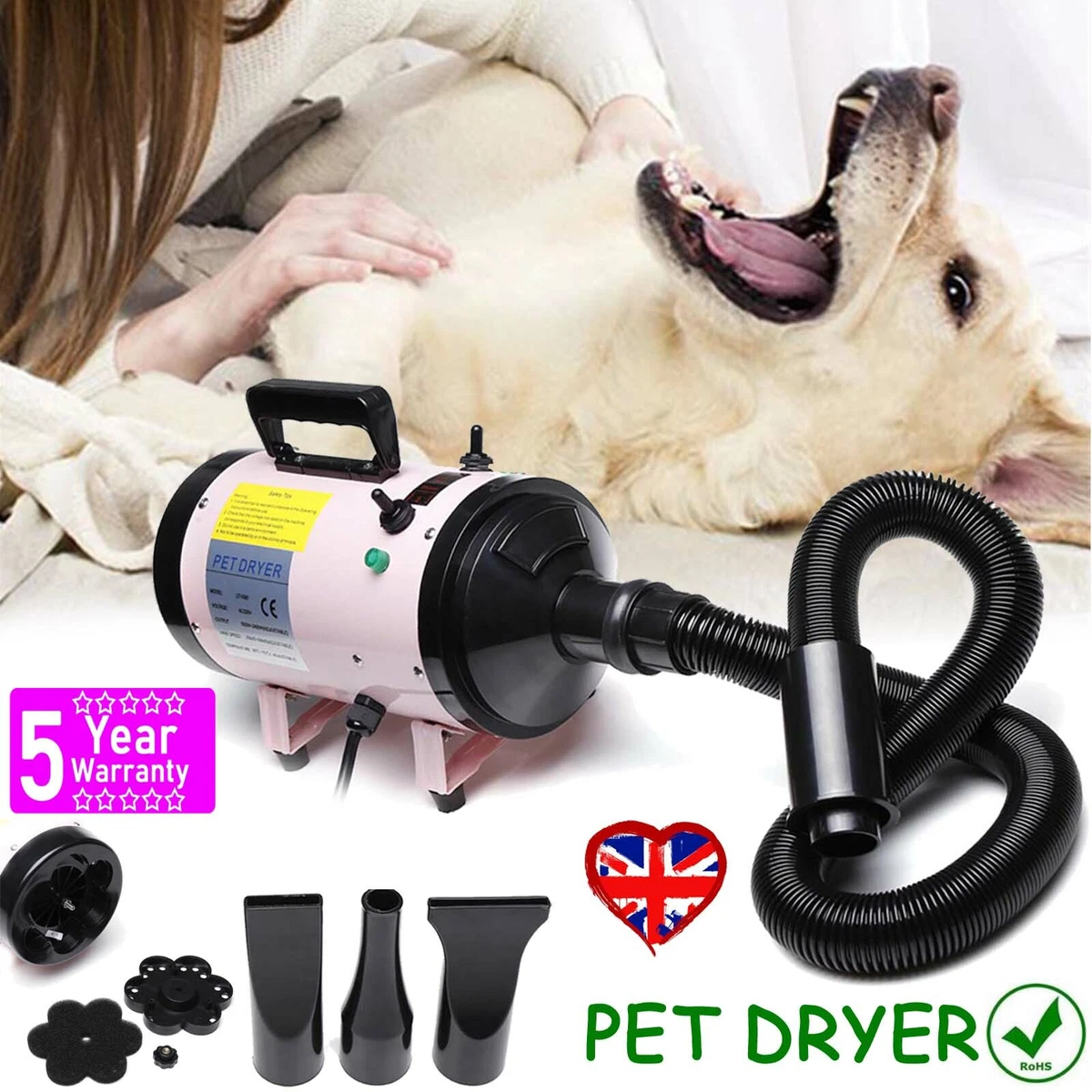 2800W Pet Dog Hair Dryer Grooming Stepless Speed Heater Blaster Hairdryer Pink