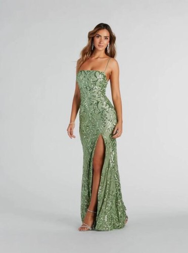 Damen Sexy Spaghettiträger Pailletten Schlitz Meerjungfrau Abendkleid Cocktail Abschlussball 0718 - Bild 3 von 6