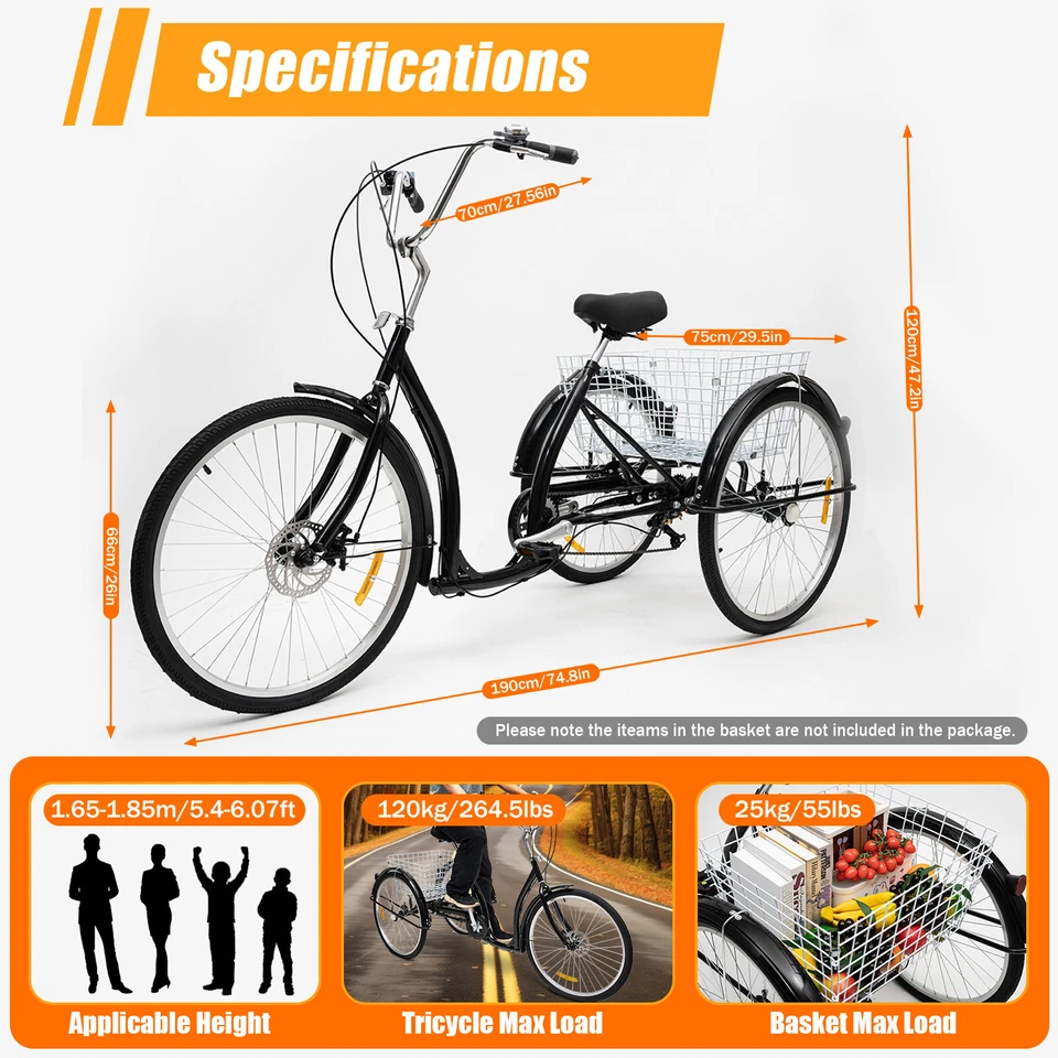 26 Zoll Dreirad F��r Erwachsene 6-Gang Senioren 3-Rad Fahrrad Mit Einkaufskorb - Bild 2 von 4