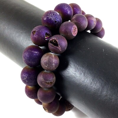 Handmade Geode Druzy Agate Purple Bracelet Gemstone Stretch Beaded 14mm 7.5''