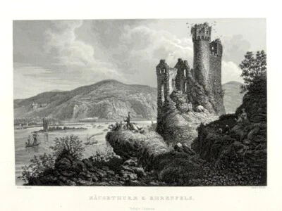  MÄUSETURM UND EHRENFELS  Orig. Stahlstich F.Foltz Verlag V. J. Halenza Darmstad - Bild 1 von 3