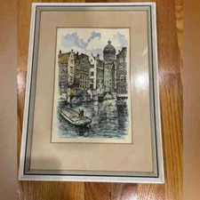 Amsterdam Bob Brobbel Hand Colored Etching Signed. Matted & Framed. 9x14