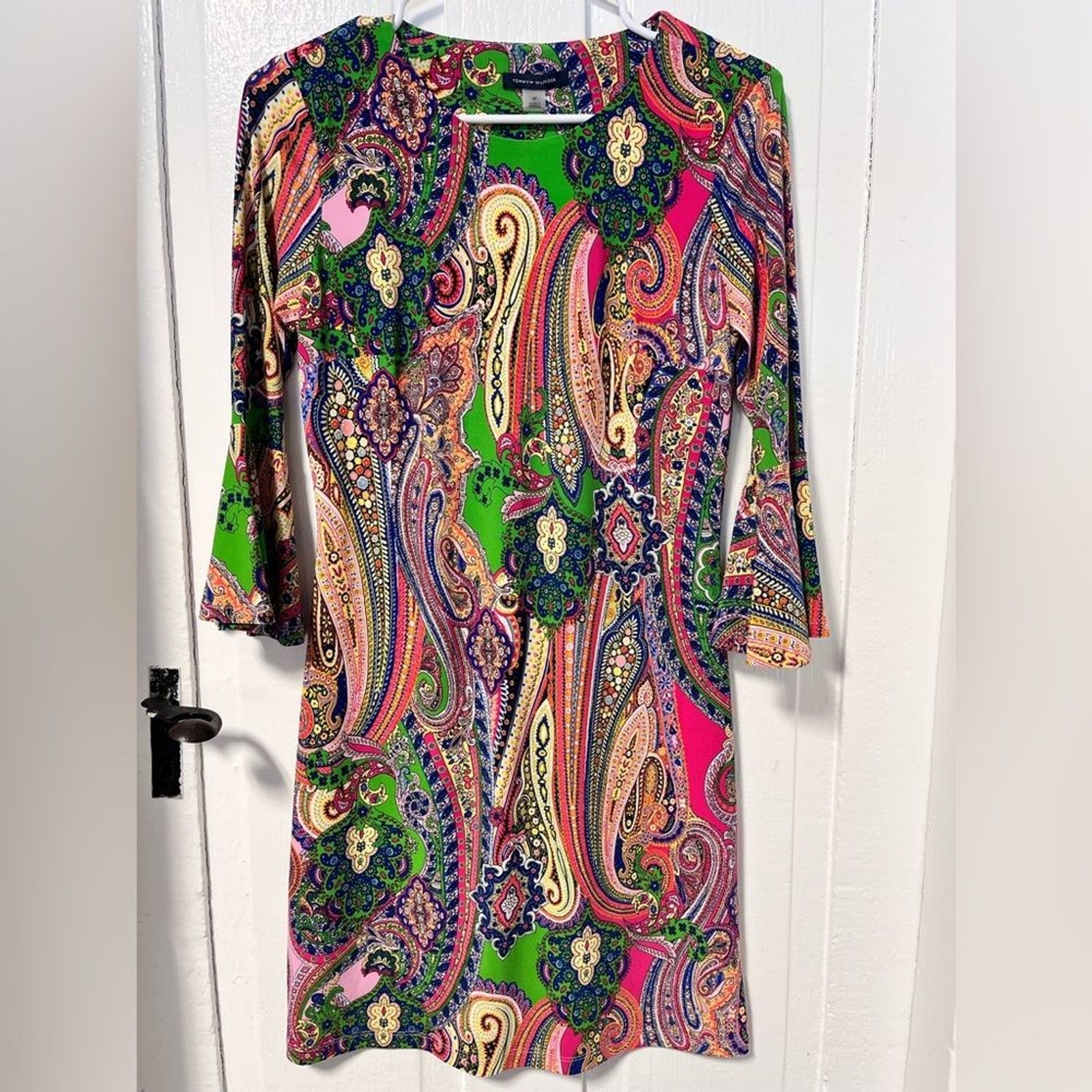 NWT Tommy Hilfiger Petite Paisley Stretch Shift dress with bell sleeves Size 6 thumbnail 2