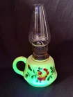 Antique Uranium Custard Glass Finger Oil Lamp, Rose Flower Decoration