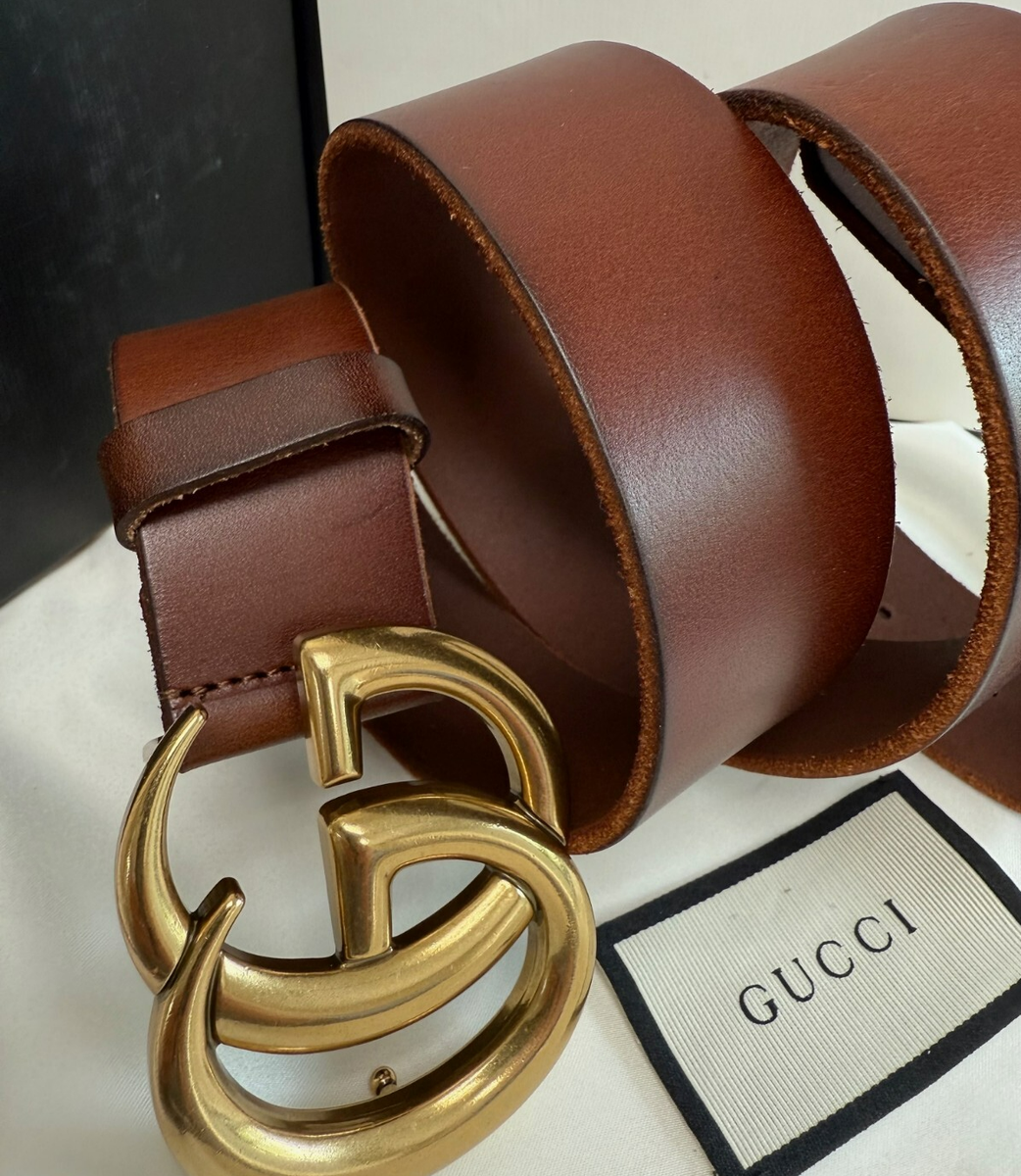 Gucci GG Brass Buckle Women's Brown Leather Belt Size 110 cm