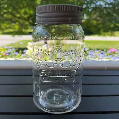 Antiqu 1933 Crown #17 Clear Quart Fruit Jam Canning Jar Metal Glass Lid Canada