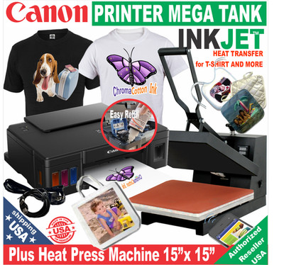 Canon Printer Tank + Heat & Press 15x15 Transfer T-shirt Maker Start Bundle
