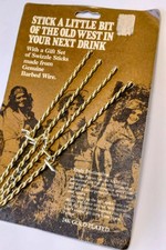 VTG Texas Purties 24K Gold Plated SWIZZLE STICKS. NEW. Set/4.  Barbed Wire. 1977