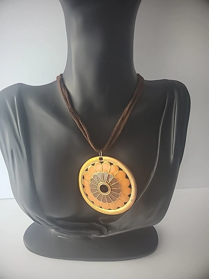 Vintage Necklace Faux Leather Brown Pendant Gold Tone Orange Brown Jewelry - Image 3 of 4