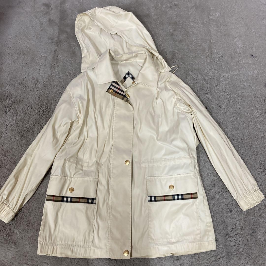 Burberry Nylon Coat Nova Check Hooded Pockets Off White Size L For Women