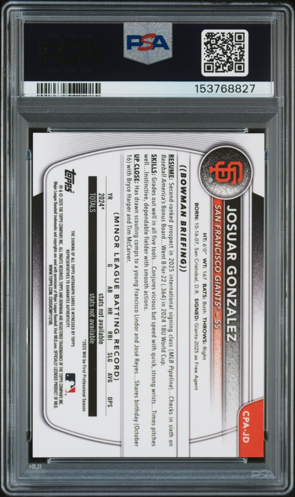2025 BOWMAN CHROME PROSPECT AUTO GOLD MINI DIAMOND JOSUAR GONZALEZ 29/50 PSA 10 view 2
