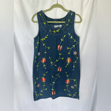 Carolina Blues Vintage Denim Dress Sz 8 Embroidered Butterflies 100% Cotton