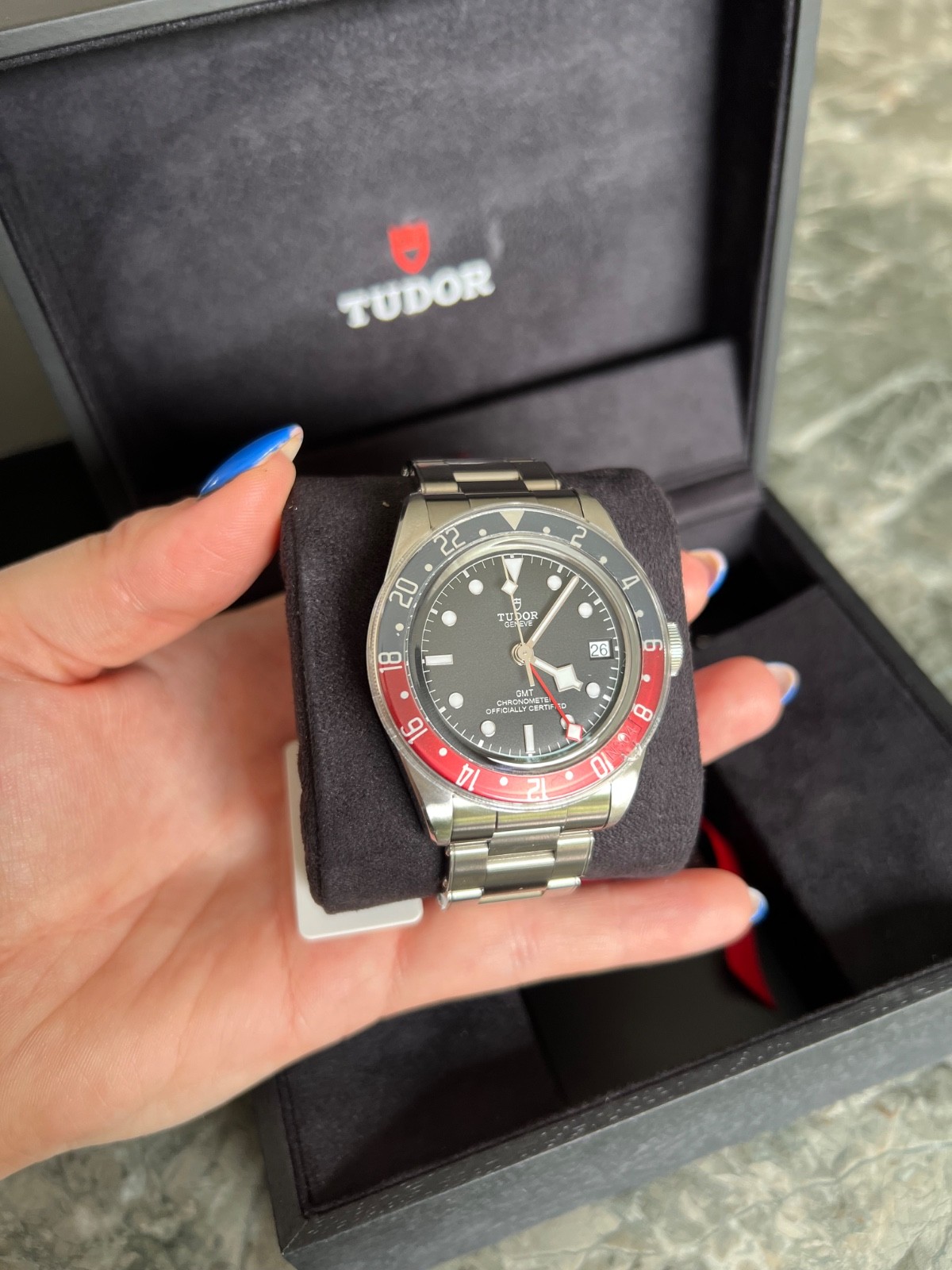 Used Tudor Black Bay GMT watch (barely worn) with original box & papers