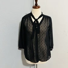 Elle Women Black Sheer Blouse with Bow Tie Long Sleeve Size S