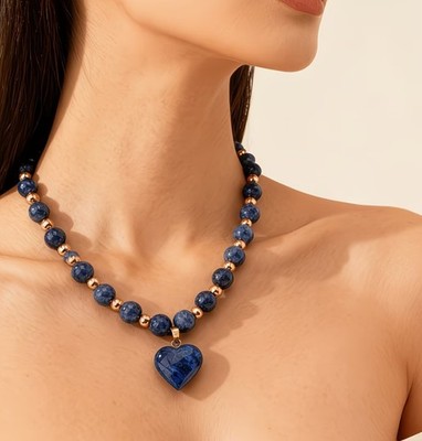 Luxus Liebesherz Damen Natur Stein Lapislazuli Perlenkette Gold Ocean Nacht Blau