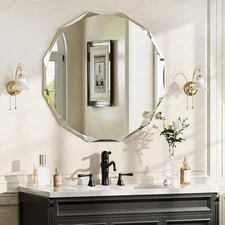 24"x24" Frameless Round Mirror – Beveled Vanity Mirror for Bedroom/Entryway