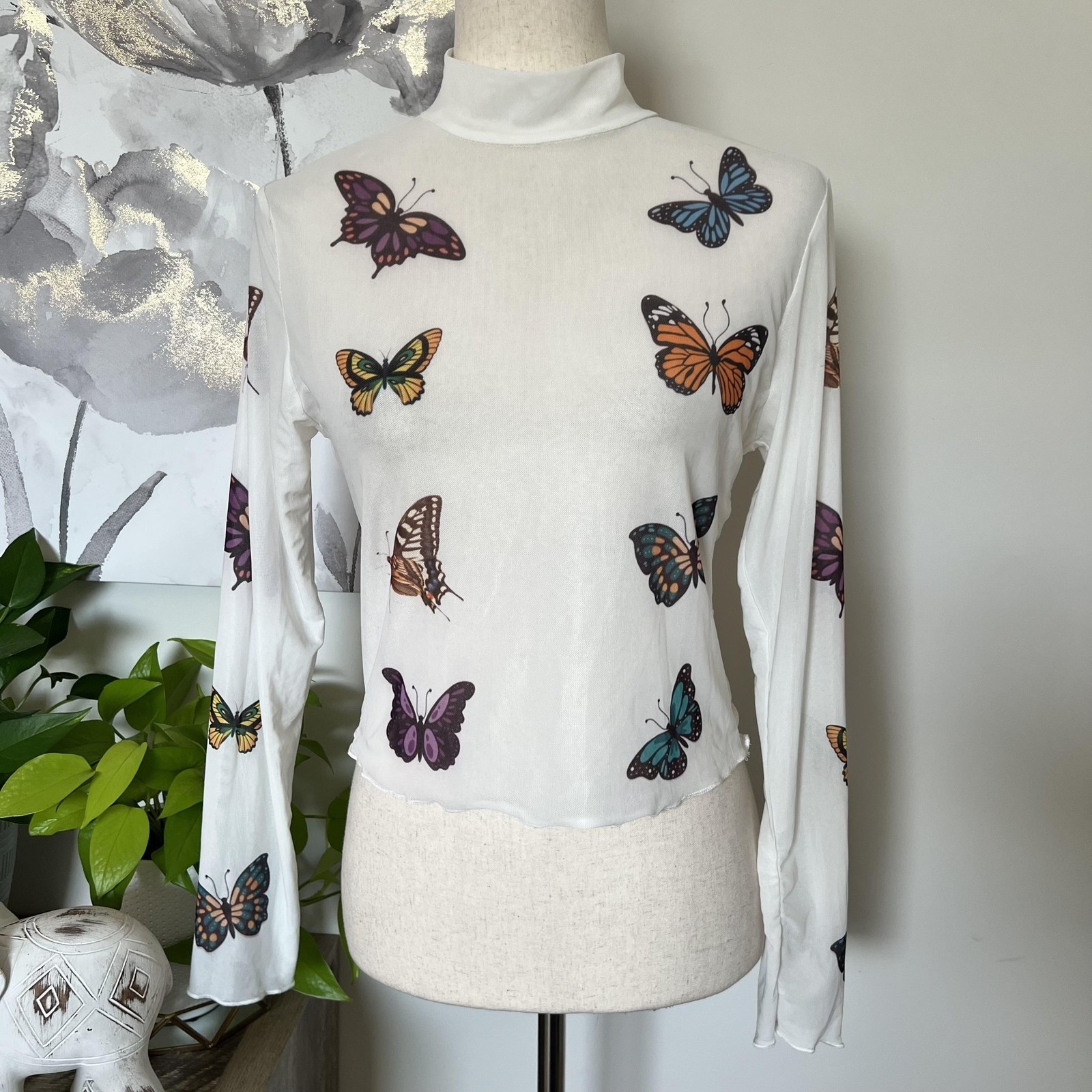 Sheer Butterfly Mesh Mock Neck Top Long Sleeve Y2K Fairy Layering Tee Size L