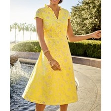 Talbots Dress Womens 12 Petite Yellow Sunflower Floral Eyelet Fit and Flare Midi