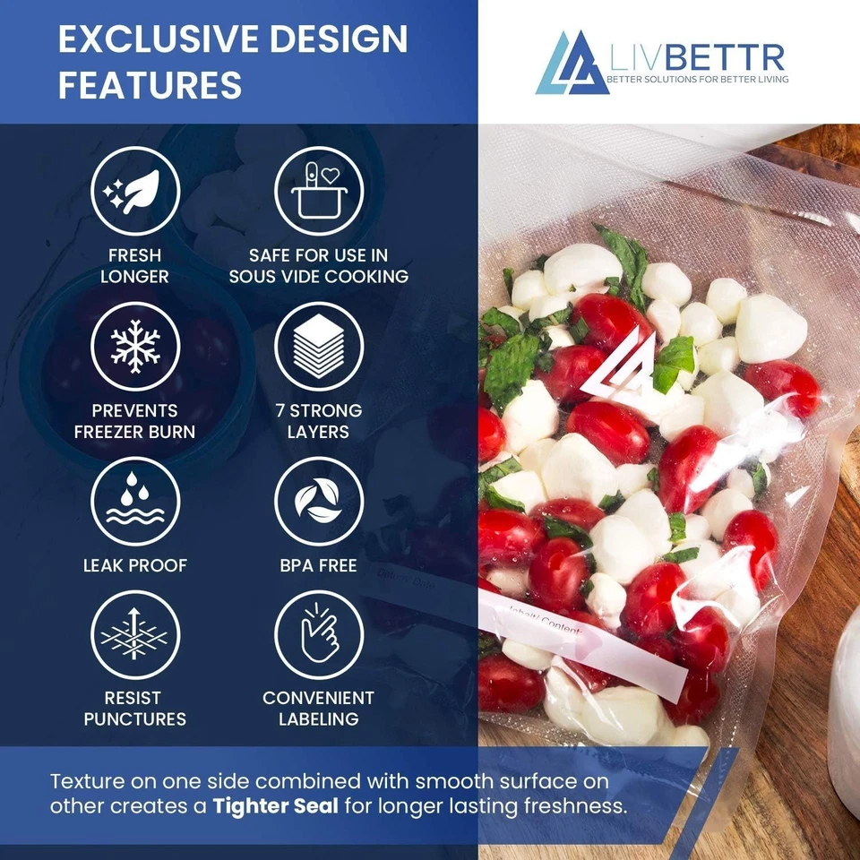 Bolsas selladoras al vacío para alimentos 8 x 12 pulgadas, 7 capas, sin BPA, precortadas - 200 CUENTAS Foto 2 de 4