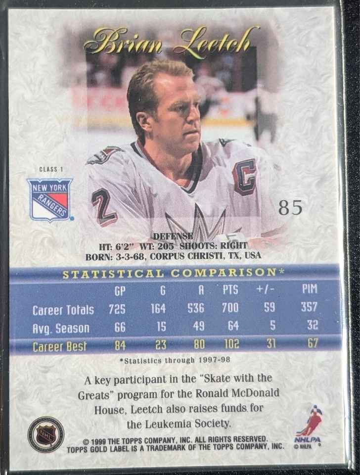 1998-99 TOPPS GOLD LABEL CLASS 1 BLACK #85 BRIAN LEETCH NEW YORK RANGERS - Image 2 of 2