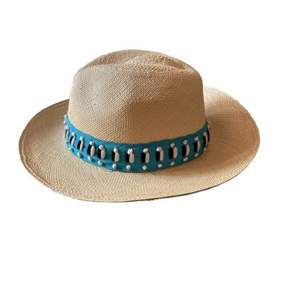 Tory Burch Women\'s Hand Woven Panama Fedora Beach Hat with Aqua Blue Trim Tory Burch Straw Fedora Hat Blue Cerulean Accent Lightweight  main image 4