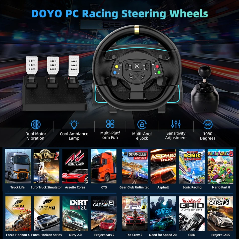 DOYO Rennlenkrad für PC mit Pedalen und Sechsgang-Schaltknüppel für PS4,PS3 - Bild 2 von 4