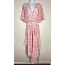 Maje Pink Paisley Flowy Faux Wrap Midi Asymmetric Dress M/38 Sheer Sparkle Y2K