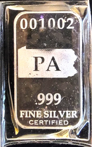 Pennsylvania PA US State Certifie Ingot Sealed Bullion-0.999 Silver 1 Oz Art Bar