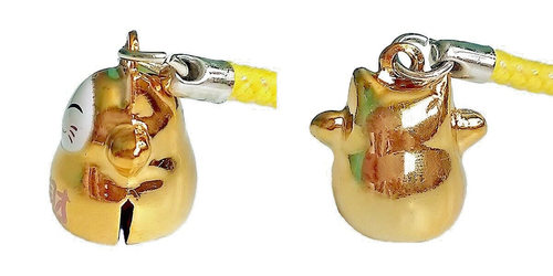 Gold Maneki Neko Lucky Cat Bell Charm Strap - Prosperity - Picture 2 of 3