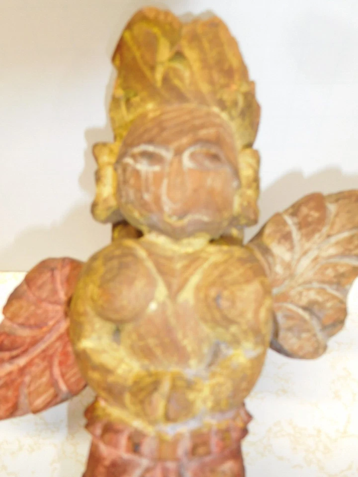 Antiguo/Antiguo India 9" Grito, Rojo, Azul Madera Tallada Diosa Muebles Adorno! Foto 2 de 4