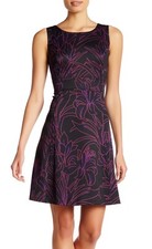 Nine West Black/Elderberry Purple Abstract Stretch Scuba Fit & Flare Dress - $99