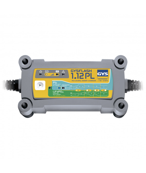 Chargeur batterie Plomb LiFePO4 12V GYSFLASH 1.12PL pour moto de 2 à 32Ah