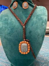 Turquiose/Peach Silvertone Set Earrings Necklace Set Brown Braided Necklace