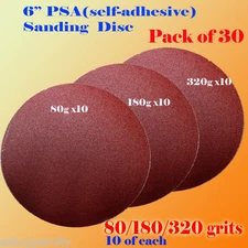 30x 6" PSA Self Adhesive 80/180/320  Grit Sanding Disc Stick On Sandpaper Peel 