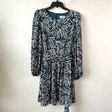 Eliza J Leaf Print Crepe Fit & Flare Belted Dress Teal 14