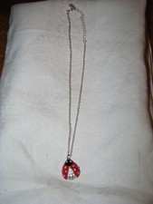 Enamel Crystals Lady Bug Necklace W/16" Silvertone Chain W/3" Extender