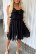 Ladies Frilly Layered Dress Teens Women BLACK  8 - 10 Evening Holiday Summer
