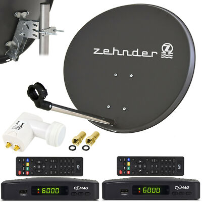 Zehnder SAT Anlage 60cm Spiegel 2 Comag HDTV RECEIVER Twin LNB 2 Teilnehmer grau