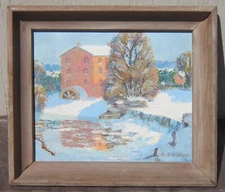 Vtg OLD FLOUR MILL w/WATER WHEEL in WINTER Original Oil Painting 13.75 x 11.5