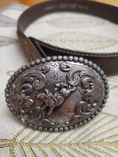 Nonona Vtg Belt Buckle  Leather Belt Sz 24 Removable Buckle Bucking Rodeo Bull