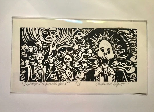 Banda de Mariachi Esqueleto Día de los Muertos Linocorte Impresión Original Hecho a Mano Arte  Foto 2 de 4