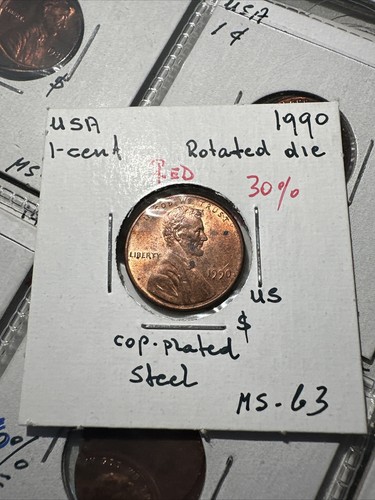 LINCOLN CENT 1990 PENNY ROTATED DIE 30% ERROR COIN UNC - Picture 2 of 6