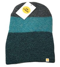 LIFE IS GOOD Darkest Blue Stripes Ribbed Knit No Pom Pom Beanie Winter Hat