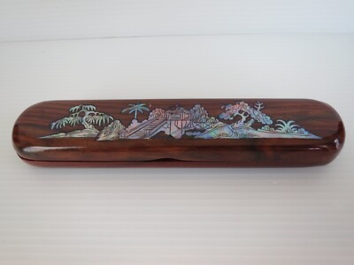 New! Made in Korea Rich Wood Pen Box w/ Mother of Pearl Inlay PALM TREES 7.25''