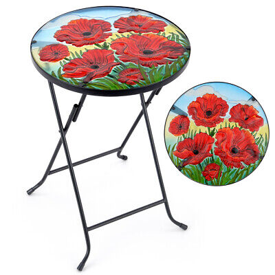 Folding Glass Table Garden Outdoor Patio Decoration Painted Round Top