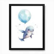 Baby Dolphin Flying With Ballons, W Framed Wall Art Poster Canvas Print Picture