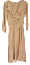 Madewell Linen Blend Tan Ruffle-Neck Boho No Size Tag Elastic Waist 3/4 Sleeve