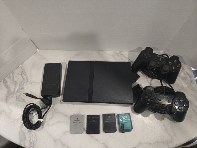 Sony PlayStation 2 Slim Black SCPH-70012 Bundle-2 Controllers & 4 Memory Cards 