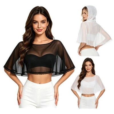 Women's Chiffon Hooded Cape with Lace Trim Flowy Pullover Bolero Shawls Tops